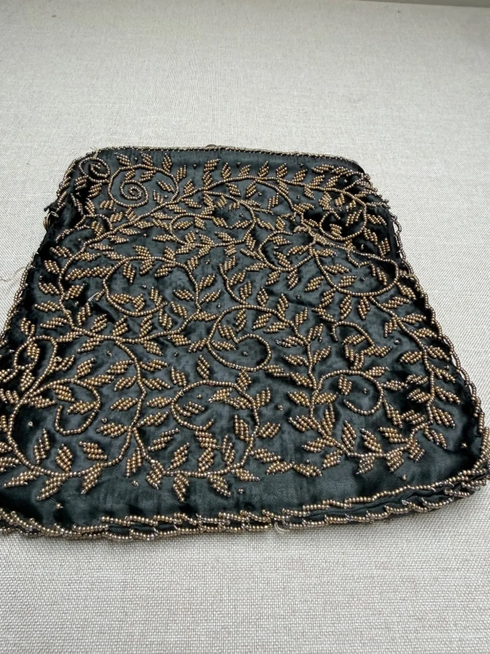 Vintage Hong Kong Victorian Style Black and Gold Beaded Clutch Formal Evening